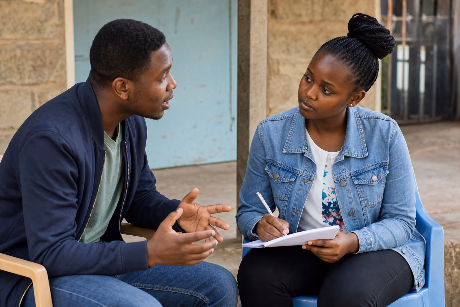 Two young adults discussing community priorities while one takes notes.