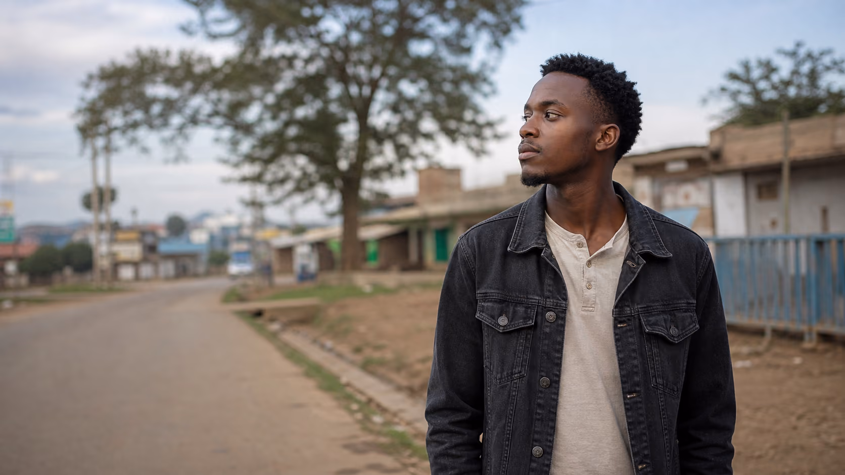 A young adult standing in a Kenyan community setting.