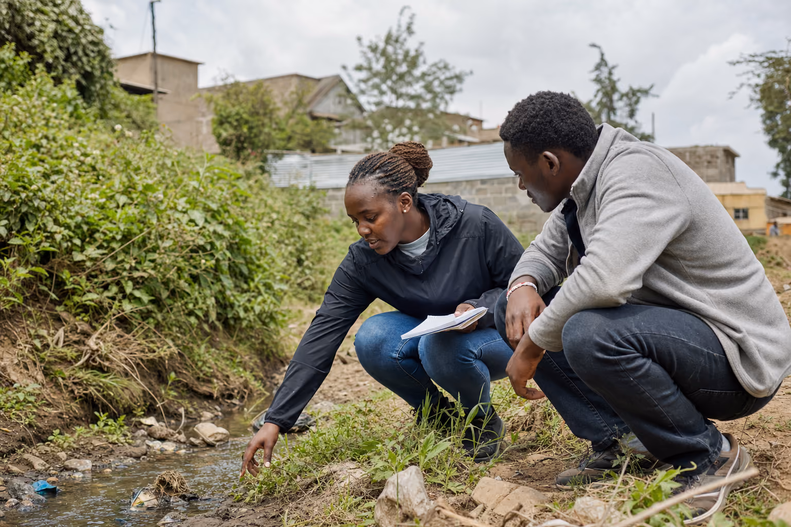 Two young people examining a stream and surrounding vegetation.